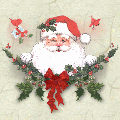 ghirlanda di natale sulla porta con babbo natale e uccellini rossi che portano regali
