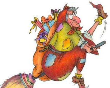 befana sulla scopa che vola con una calza che si sta levando